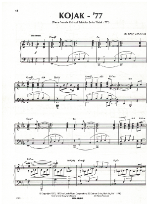 Picture of Kojak '77, T.V. show title theme, John Cacavas, piano solo, sheet music