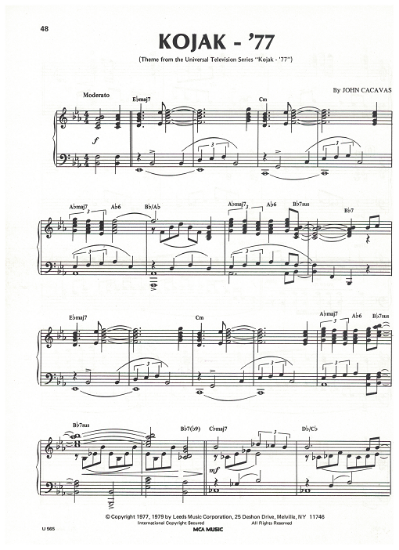 Picture of Kojak '77, T.V. show title theme, John Cacavas, piano solo, sheet music