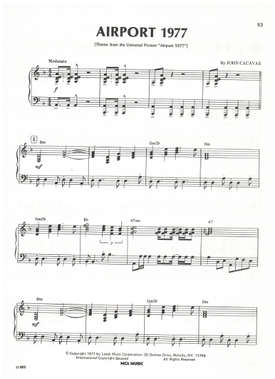 Picture of Airport 1977, movie title song, John Cacavas, sheet music