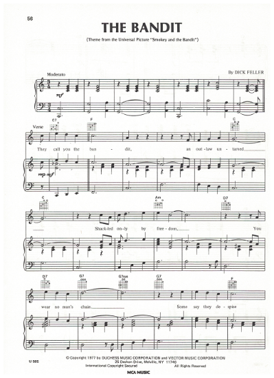 Picture of The Bandit, theme from movie "Smokey and the Bandit", Dick Feller, sheet music