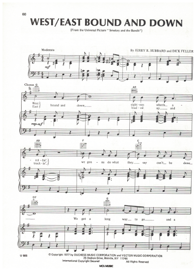 Picture of West/East Bound and Down, from movie "Smokey and the Bandit", Jerry R. Hubbard & Dick Feller, sheet music