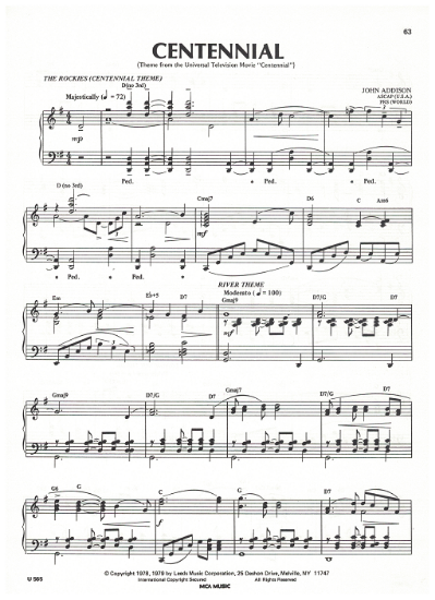 Picture of Centennial, TV movie title song, John Addison, piano solo, sheet music
