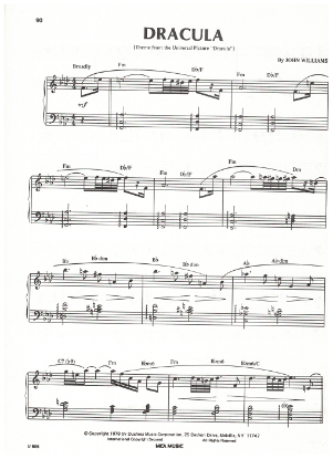 Picture of Dracula, movie title song, John Williams, piano solo, sheet music