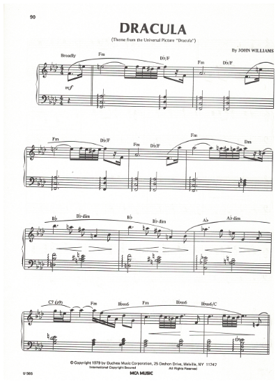 Picture of Dracula, movie title song, John Williams, piano solo, sheet music