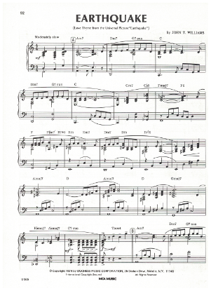 Picture of Earthquake, movie title song, John Williams, piano solo, sheet music