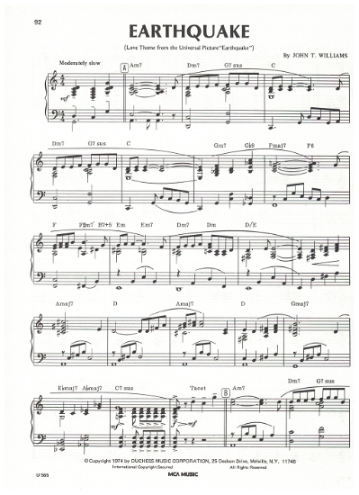 Picture of Earthquake, movie title song, John Williams, piano solo, sheet music
