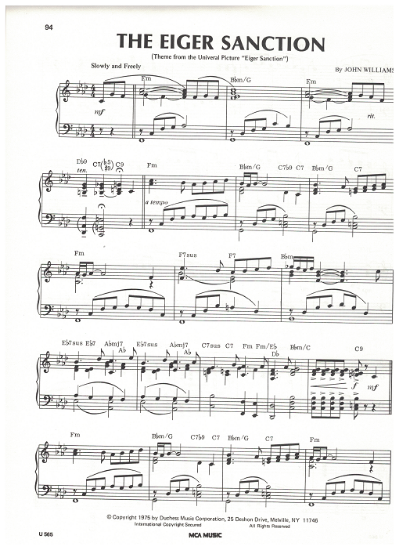 Picture of The Eiger Sanction, movie title song, John Williams, piano solo, sheet music