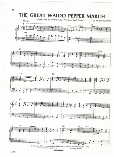 Picture of The Great Waldo Pepper March, movie title song, Henry Mancini, piano solo, sheet music