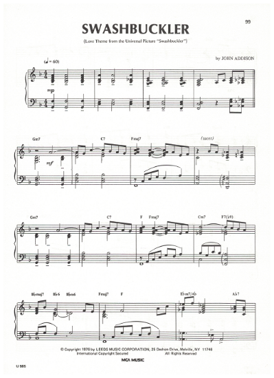 Picture of Swashbuckler, movie title song, John Addison, piano solo, sheet music