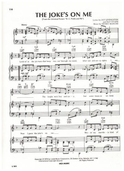 Picture of The Joke's On Me, from movie "W. C. Fields and Me", Jay Livingston/Ray Evans/Henry Mancini, sheet music