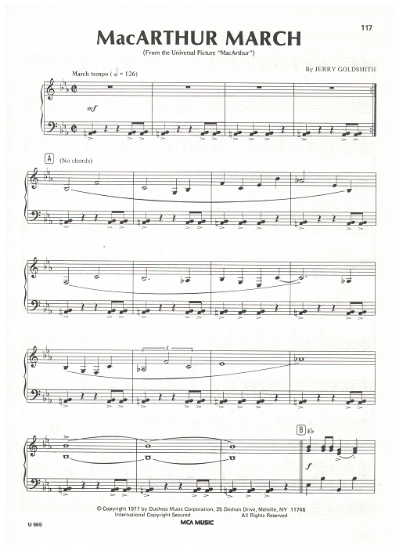 Picture of MacArthur March, movie title song, Jerry Goldsmith, piano solo, sheet music