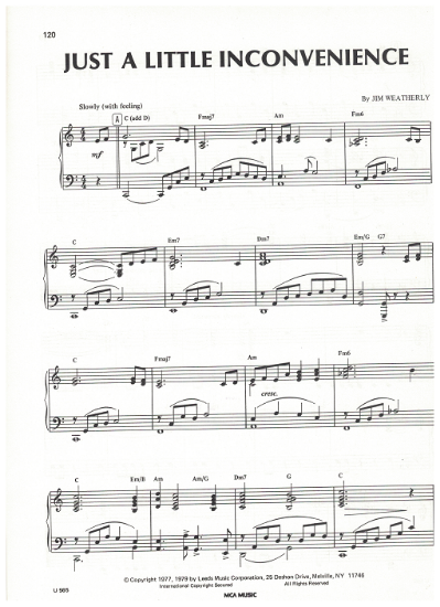 Picture of Just a Little Inconvenience, movie title song, Jim Weatherly, piano solo, sheet music