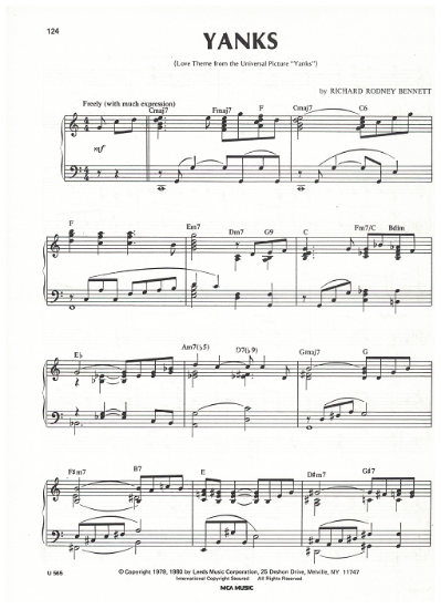 Picture of Yanks, movie title theme, Richard Rodney Bennett, piano solo, sheet music