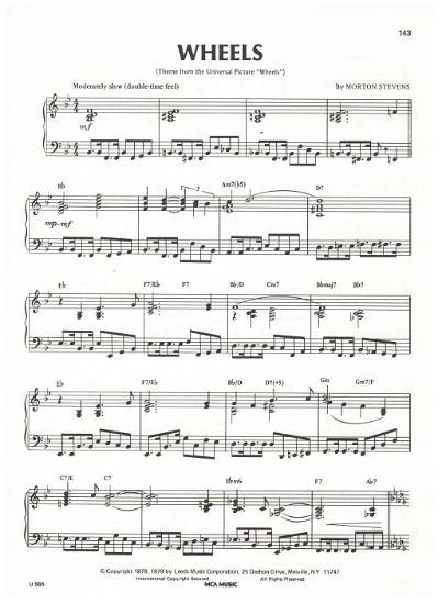 Picture of Wheels, movie title theme, Morton Stevens, piano solo, sheet music