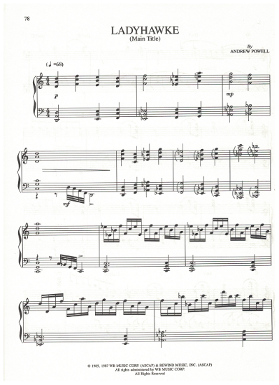 Picture of Ladyhawke (Main Title), movie title song, Andrew Powell, piano solo sheet music