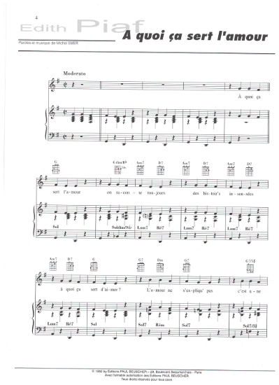 Picture of A quoi ca sert l'amour, Michel Emer, recorded by Edith Piaf, sheet music