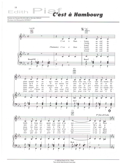 Picture of C'est a Hambourg, Claude Delecluse/ Michele Senlis/ Marguerite Monnot, recorded by Edith Piaf, sheet music