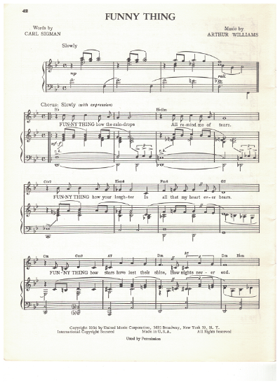 Picture of Funny Thing, Carl Sigman & Arthur Williams, recorded by Tony Bennett, sheet music