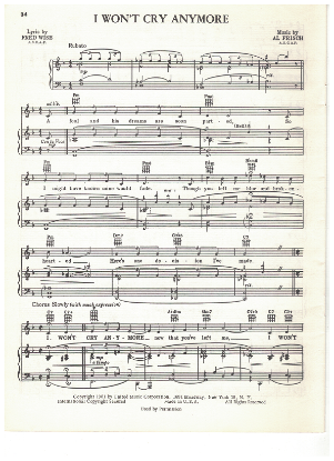 Picture of I Won't Cry Anymore, Fred Wise & Al Frisch, recorded by Tony Bennett, sheet music