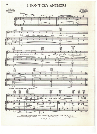 Picture of I Won't Cry Anymore, Fred Wise & Al Frisch, recorded by Tony Bennett, sheet music