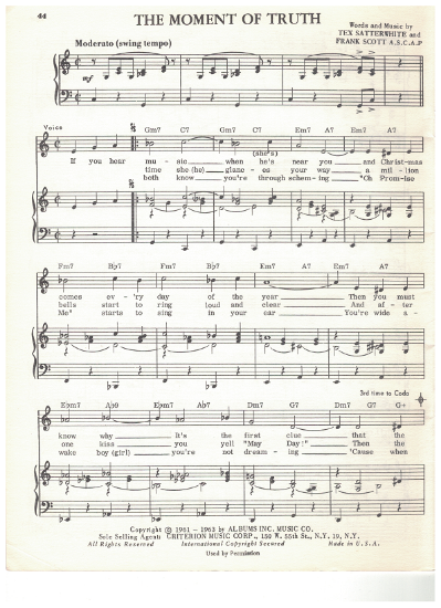Picture of The Moment of Truth, Tex Satterwhite & Frank Scott, recorded by Tony Bennett, sheet music,