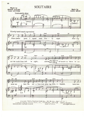 Picture of Solitaire, Renee Borek/ Carl Nutter/ King Guion, recorded by Tony Bennett, sheet music