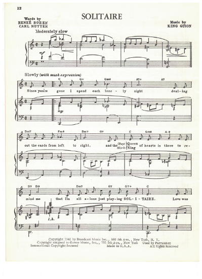 Picture of Solitaire, Renee Borek/ Carl Nutter/ King Guion, recorded by Tony Bennett, sheet music