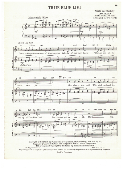 Picture of True Blue Lou, Leo Robin/ Sam Coslow/ Richard A. Whiting, recorded by Tony Bennett, sheet music