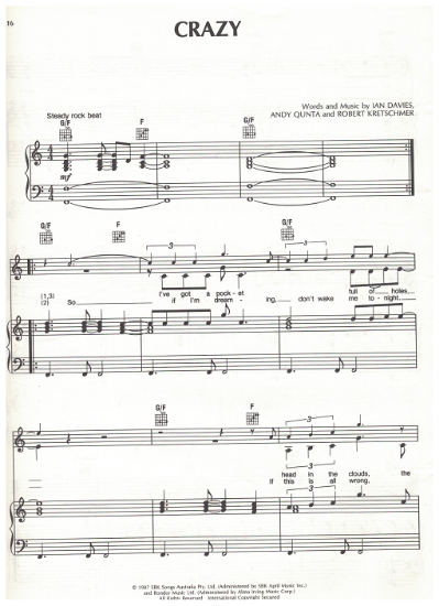 Picture of Crazy, Andy Qunta/ Ian Davies/ Robert Kretschmer, recorded by Icehouse, pdf copy