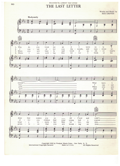 Picture of The Last Letter, Rex Griffin, recorded by Leroy Van Dyke