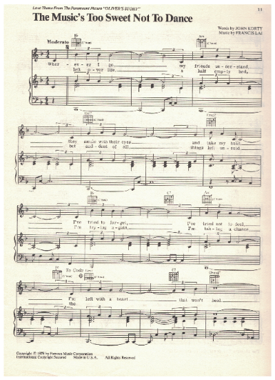 Picture of The Music's Too Sweet Not to Dance, from movie "Oliver's Story", John Korty & Francis Lai, recorded by Andy Williams