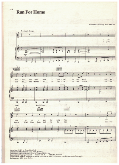 Picture of Run for Home, Alan Hull, recorded by Lindisfarne, sheet music