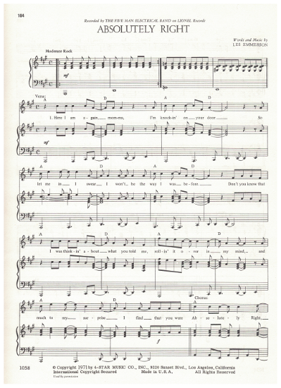 Picture of Absolutely Right, Les Emmerson, recorded by The Five Man Electrical Band, sheet music