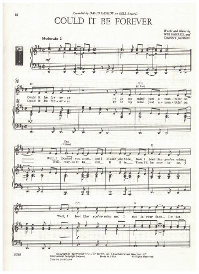 Picture of Could it Be Forever, Wes Farrell & Danny Jansen, recorded by David Cassidy, sheet music