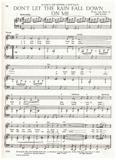 Picture of Don't Let the Rain Fall Down on Me, Jim Ryan, recorded by The Critters, sheet music