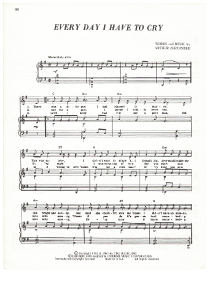 Picture of Every Day I Have to Cry, Arthur Alexander, recorded by The Bee Gees, sheet music, pdf copy 