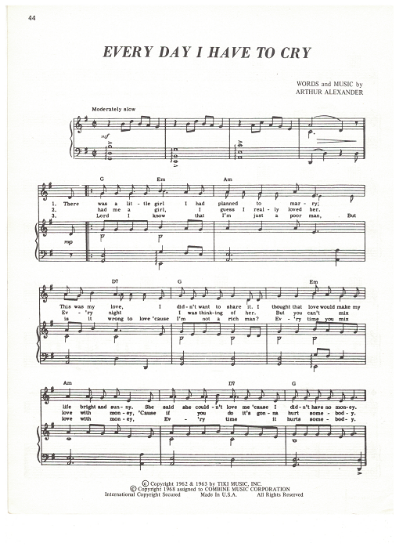 Picture of Every Day I Have to Cry, Arthur Alexander, recorded by The Bee Gees, sheet music, pdf copy 