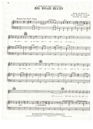 Picture of Big Road Blues, Hite/ Wilson/ Taylor/ Vestine/ Cook, recorded by Canned Heat, sheet music