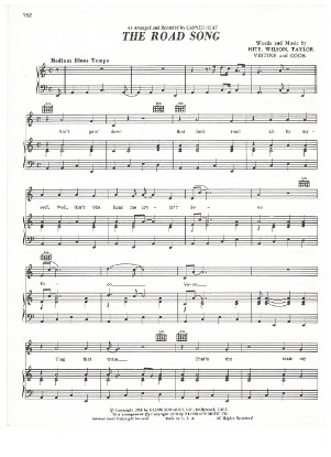 Picture of The Road Song, Hite/ Wilson/ Taylor/ Vestine/ Cook, recorded by Canned Heat, sheet music