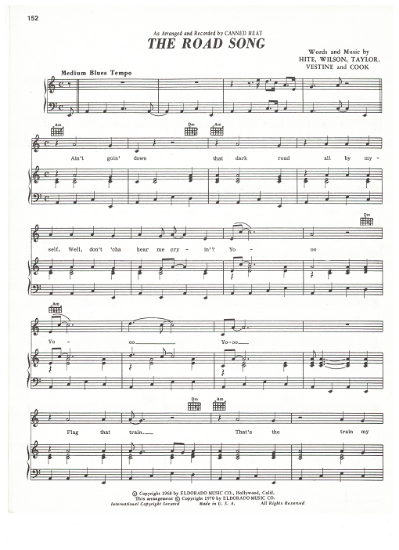 Picture of The Road Song, Hite/ Wilson/ Taylor/ Vestine/ Cook, recorded by Canned Heat, sheet music