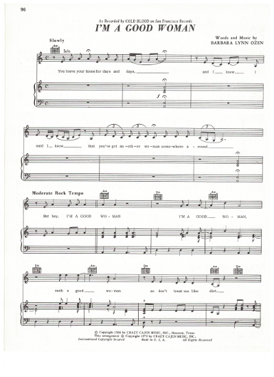 Picture of I'm a Good Woman, Barbara Lynn Ozen, recorded by Cold Blood, sheet music