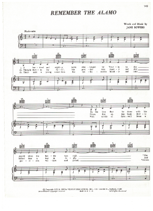 Picture of Remember the Alamo, Jane Bowers, first recorded by Tex Ritter, sheet music