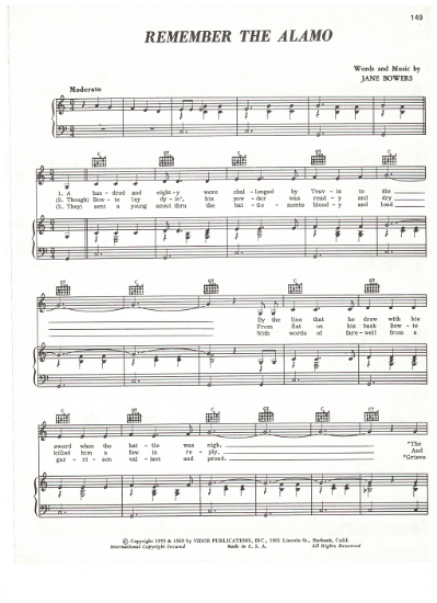 Picture of Remember the Alamo, Jane Bowers, first recorded by Tex Ritter, sheet music