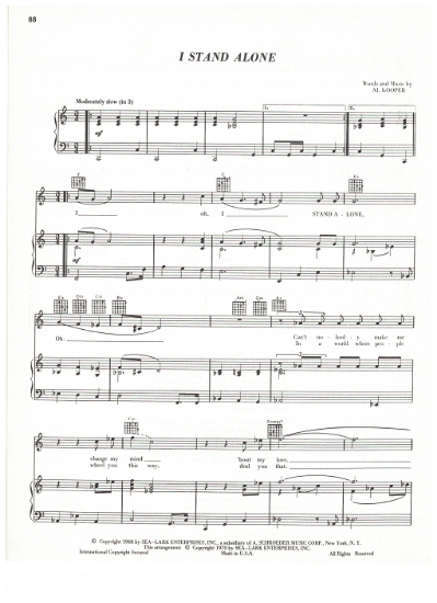 Picture of I Stand Alone, written & recorded by Al Kooper, sheet music