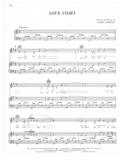 Picture of Love Story, written & recorded by Randy Newman, sheet music