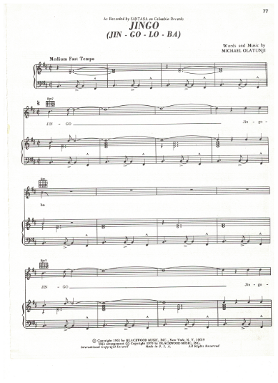 Picture of Jingo (Jin-Go-Lo-Ba), Michael Olatunji, recorded by Santana, sheet music