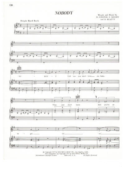 Picture of Nobody, D. Cooper/ E. Shelby/ B. Beatty, recorded by Three Dog Night, sheet music