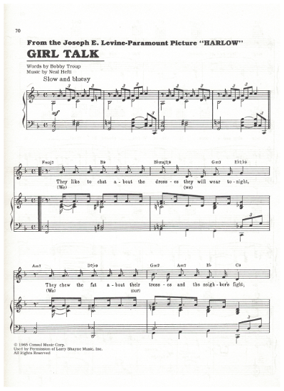 Picture of Girl Talk, from movie "Harlow", Bobby Troup & Neil Hefti, recorded by Julie London, sheet music