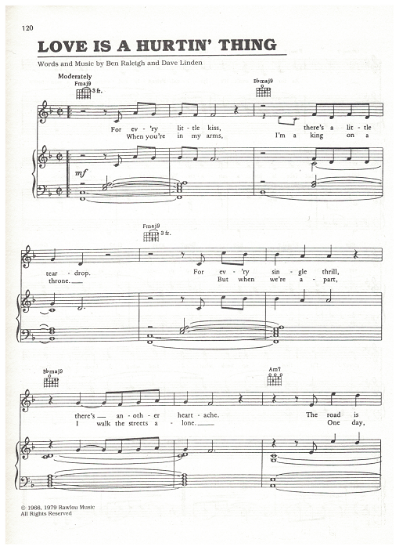 Picture of Love is a Hurtin' Thing, Ben Raleigh & Dave Linden, recorded by Lou Rawls, sheet music