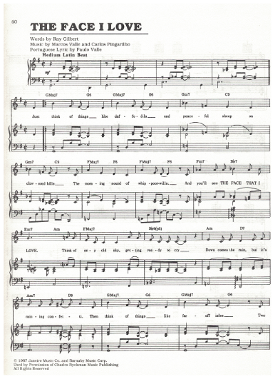 Picture of The Face I Love, Ray Gilbert/ Marcos & Paulo Valle/ Carlos Pingarilho, popularized by Jack Jones, sheet music